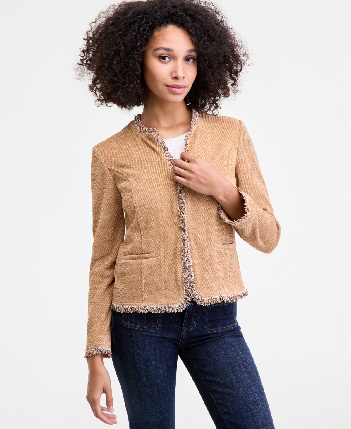 Liverpool Los Angeles Womens Collarless Fray Edge Jacket Sleeveless Woven To Knit Top Lucy Mid Rise Bootcut Jeans In Brown