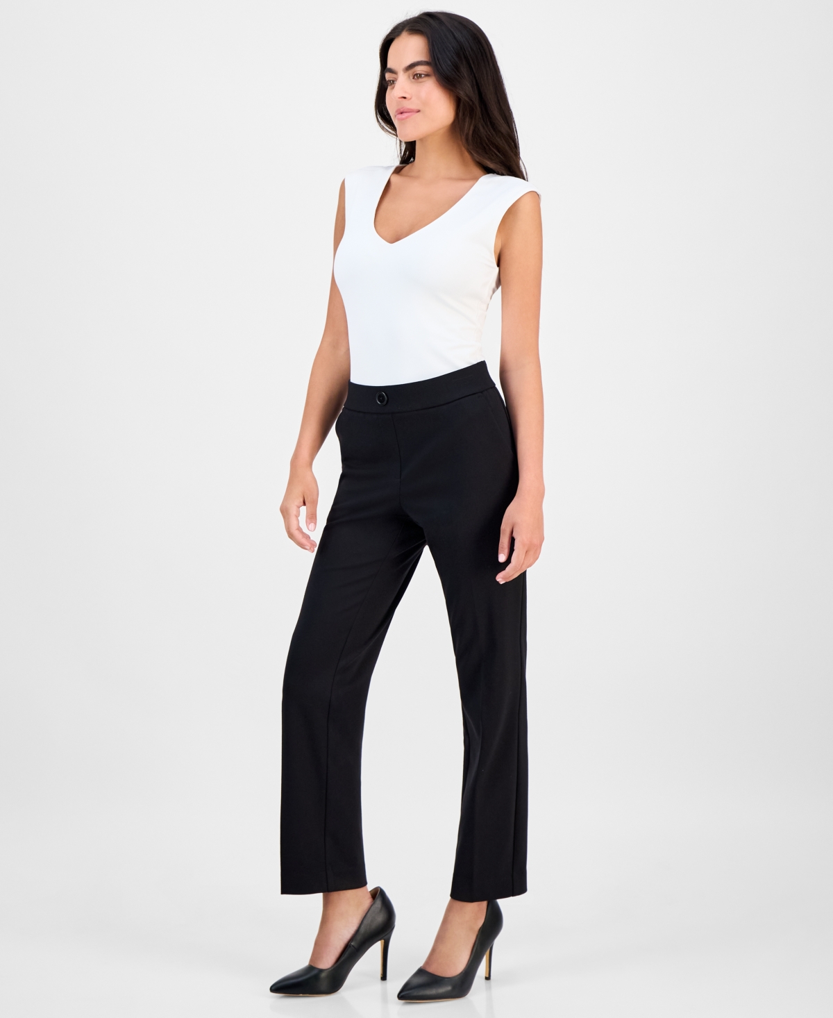 Ak Anne Klein Petite Mid-rise Straight-leg Pants In Black