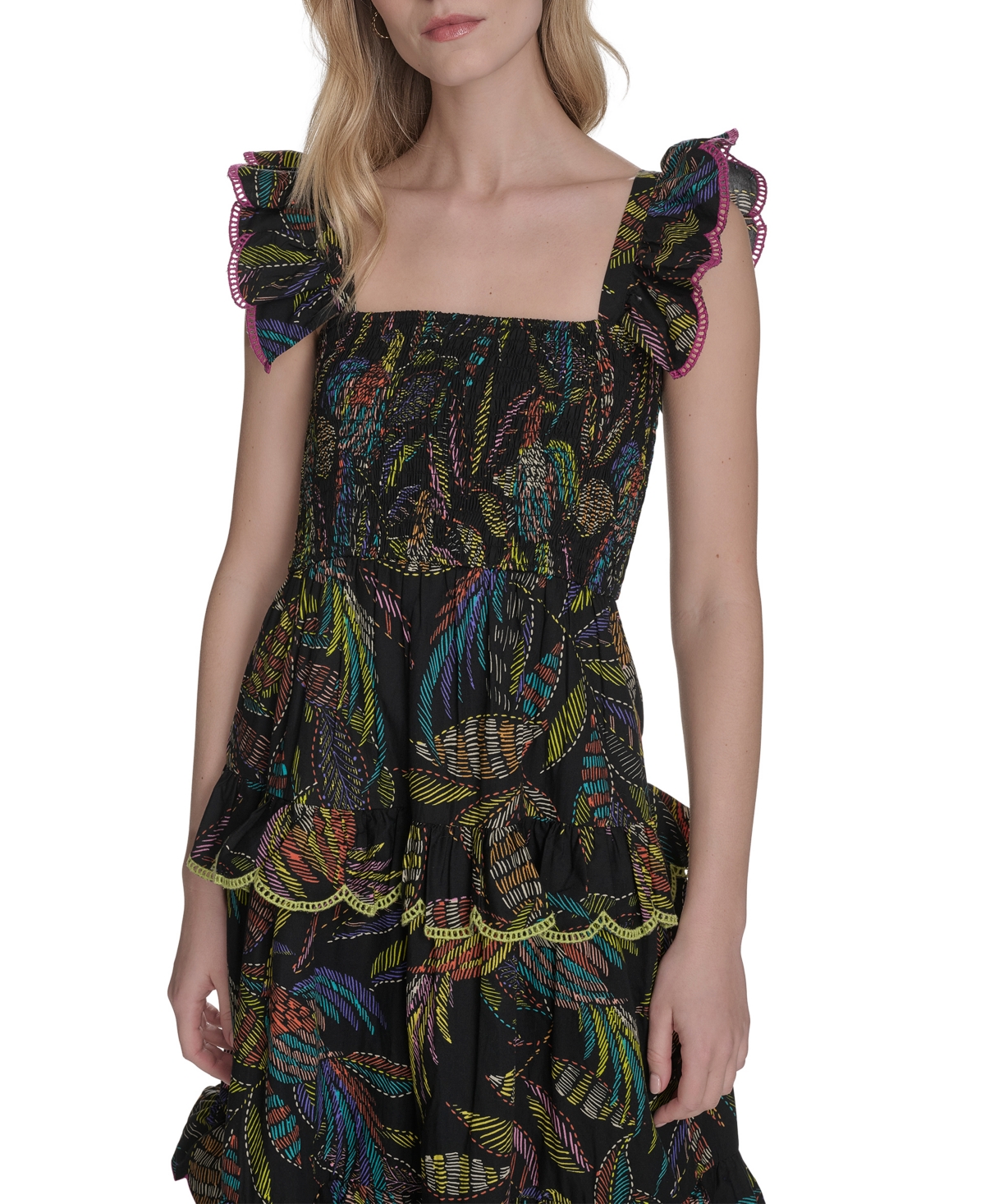 Vince Camuto Floral Ruffle Sleeve Cotton Midi Ssundress In Multi