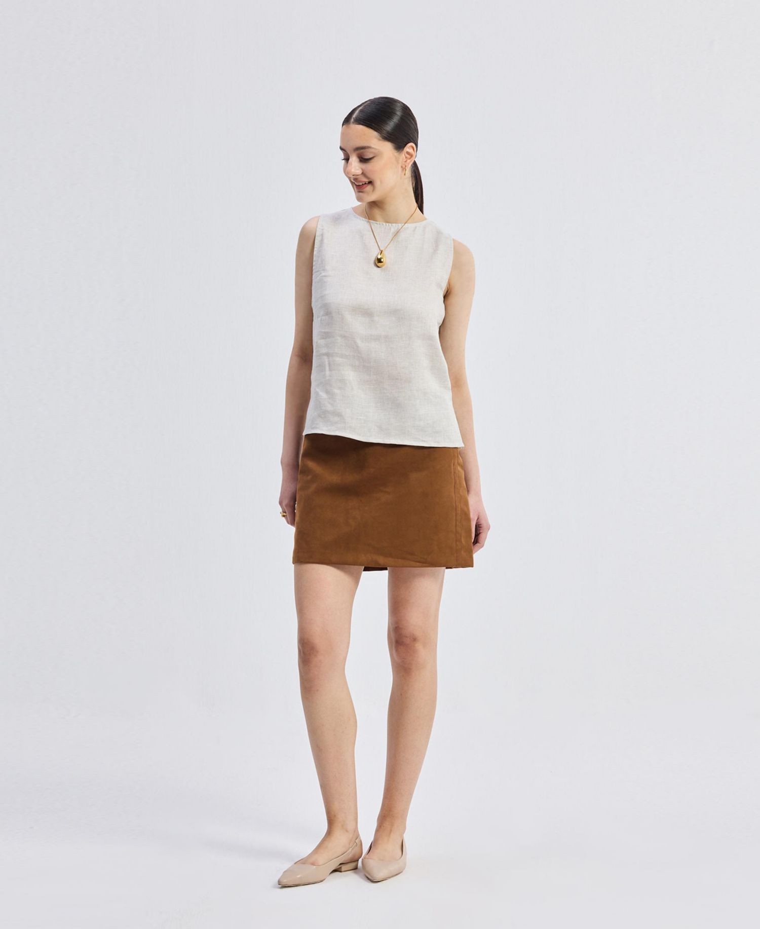 Women's Boat Neck Top in Checkered Linen