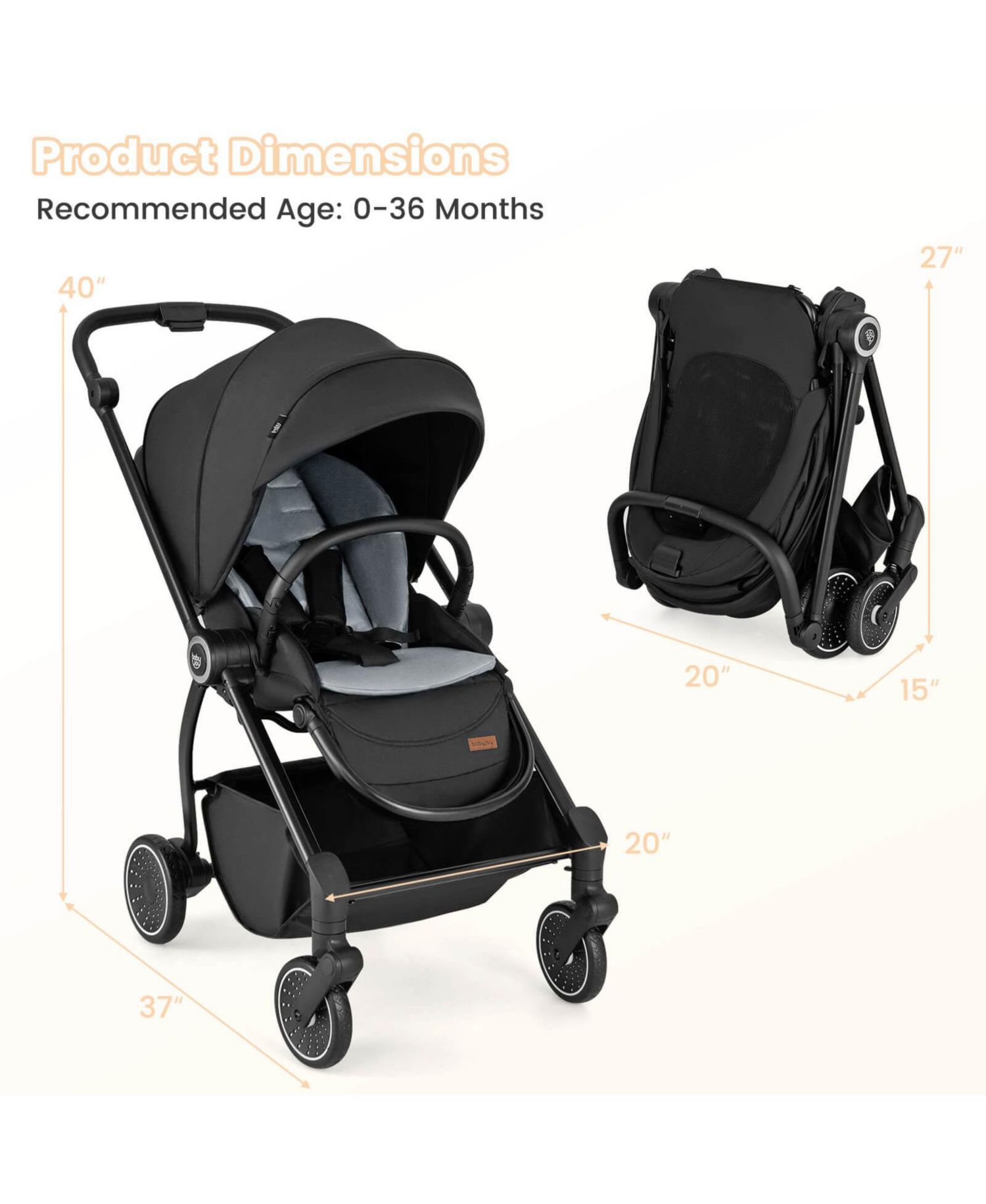 Baby Stroller Foldable Infant Pram with Reclining Backrest Handle