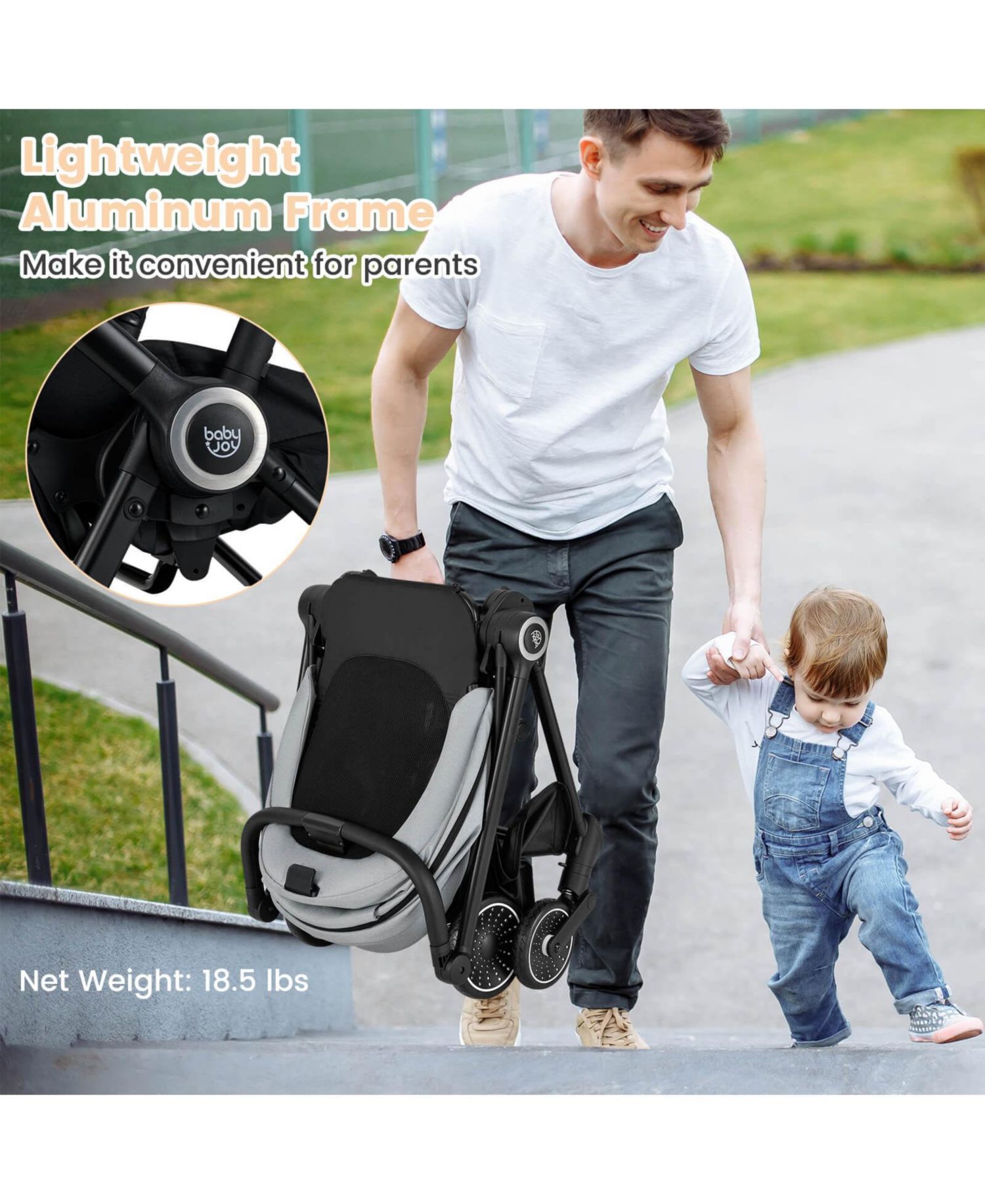 Baby Stroller Foldable Infant Pram with Reclining Backrest Handle
