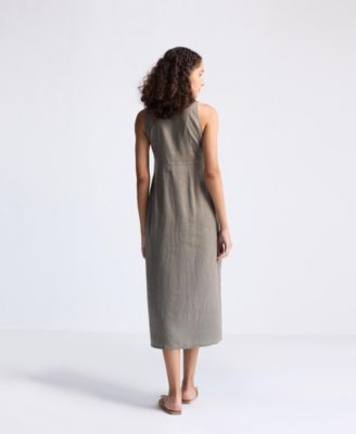 Straight Dress with Front Slit in Dark Green Hemp