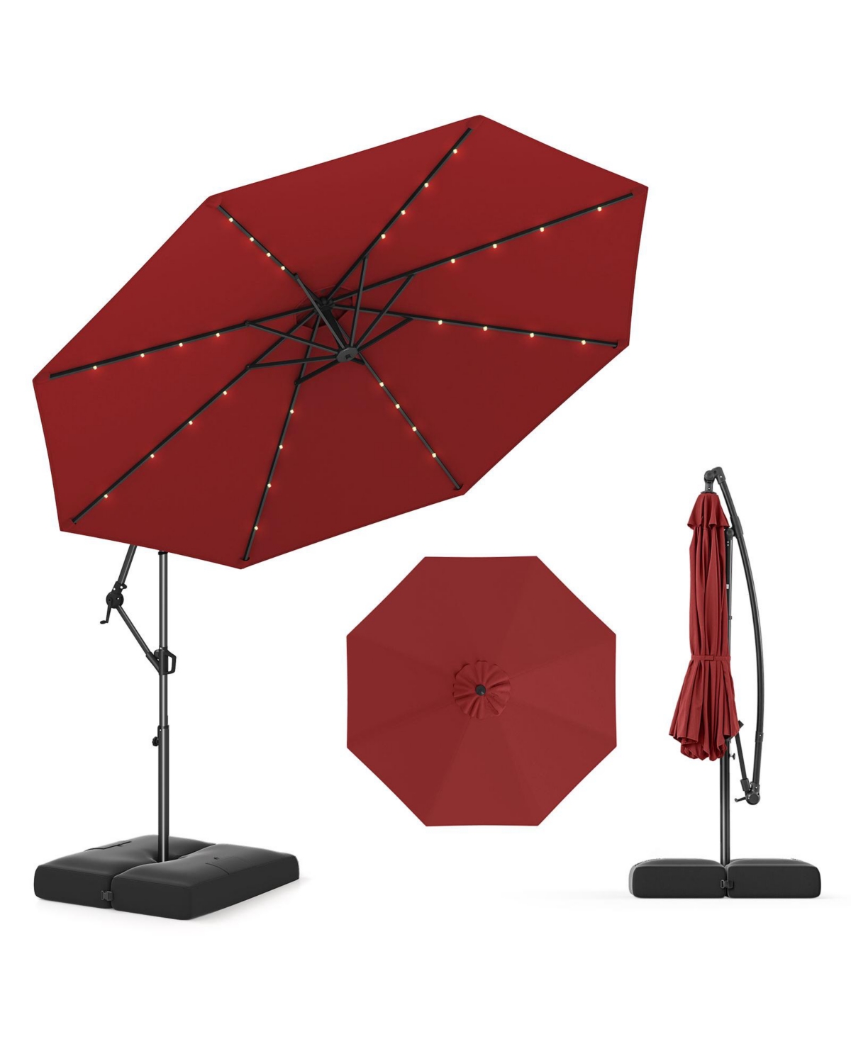 10 Ft Solar Offset Hanging Umbrella Patio Cantilever Umbrella w/ 32 Led Lights - Light beige