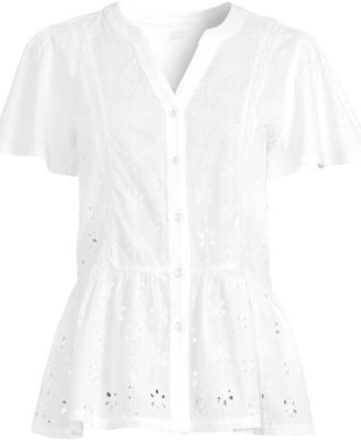 Women's Short Sleeve Mixed Media Eyelet Top