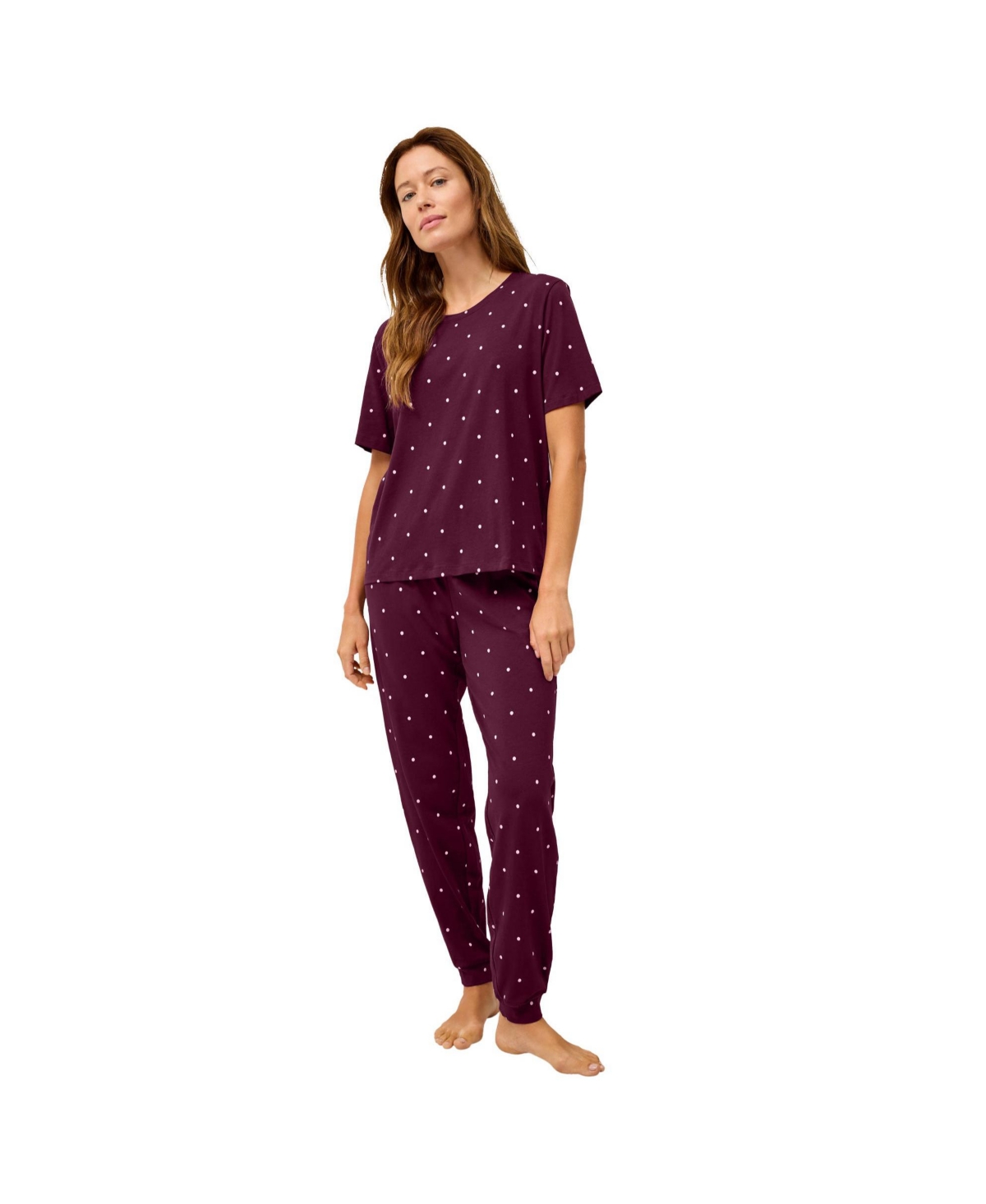 Plus Size Short Sleeve Tee & Jogger 2-Piece Sleep Set - Midnight berry dot
