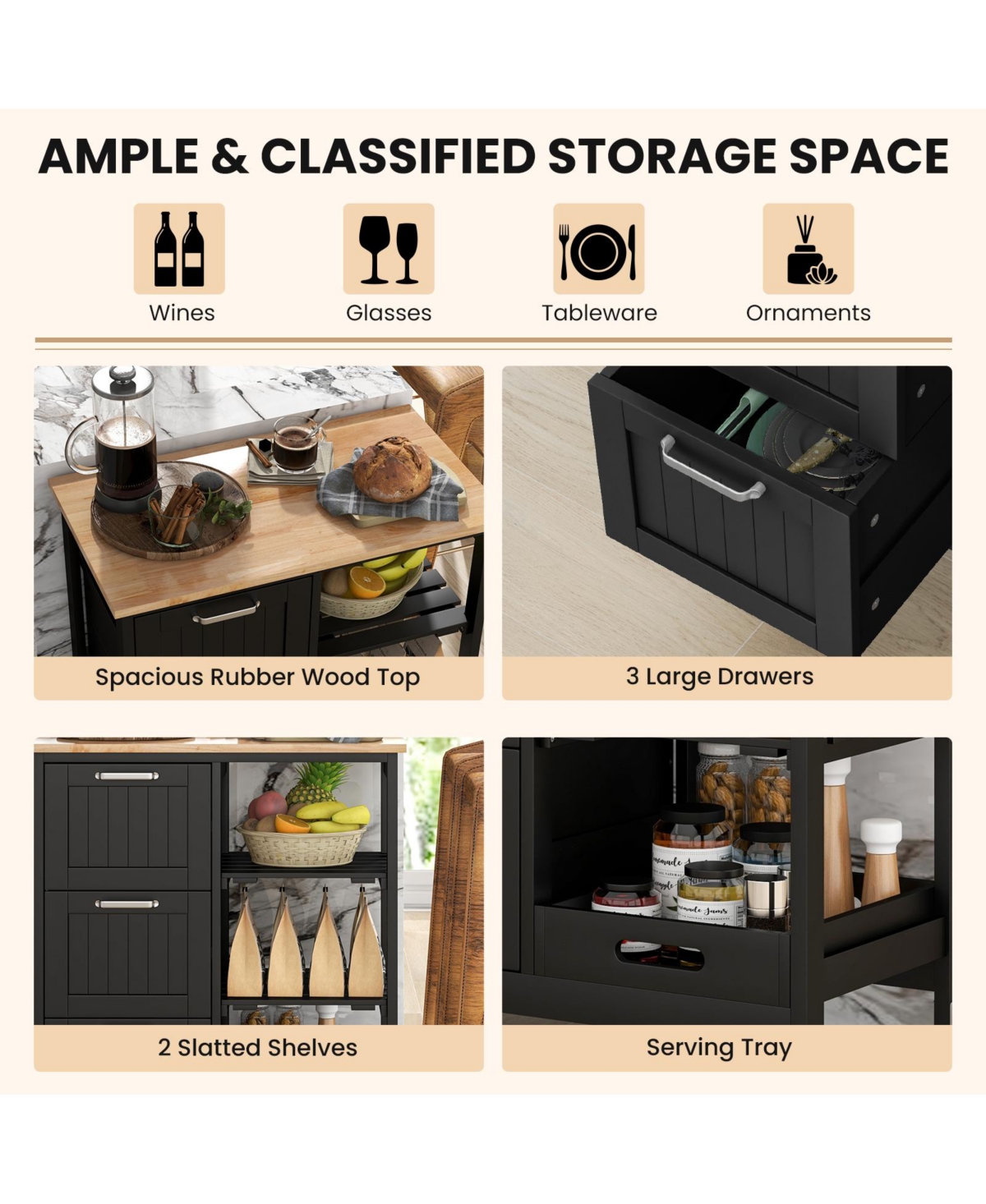 Rolling Kitchen Island Utility Storage Cart with 3 Large Drawers