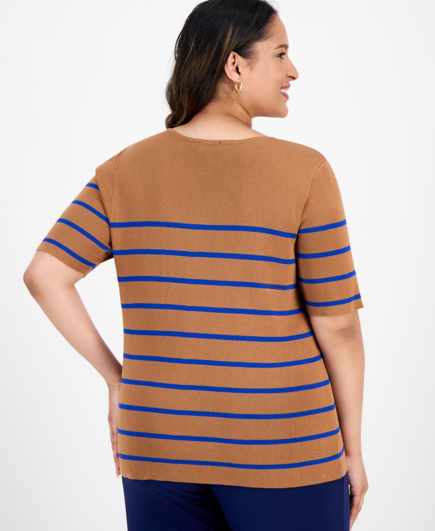 Женский топ Tahari ASL Plus Size Striped Short-Sleeve, цвет: Верблюжий королевский синий — фото 4
