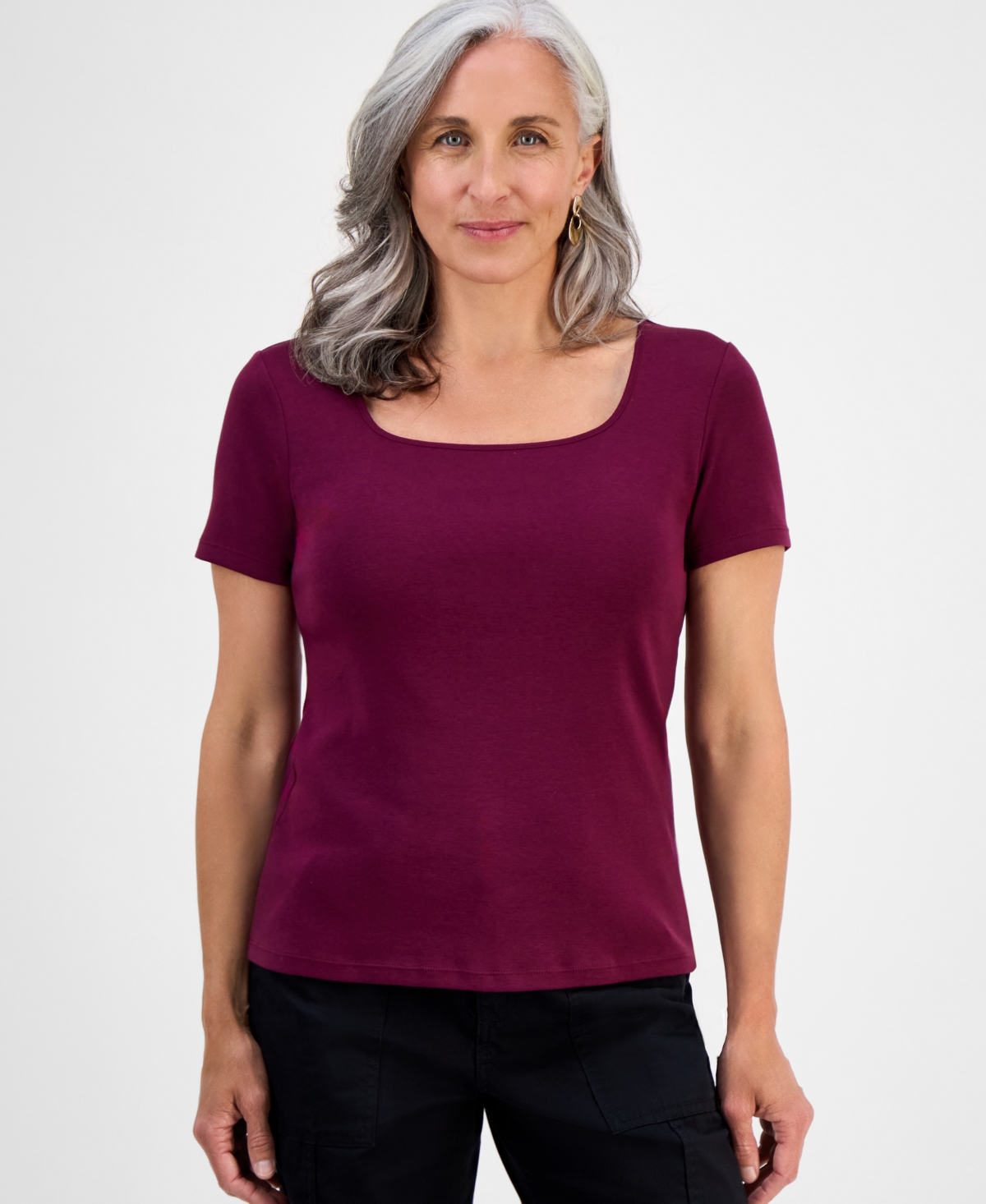 Style & Co Petite Cotton Square-neck Short-sleeve T-shirt, Exclusively At Macy's