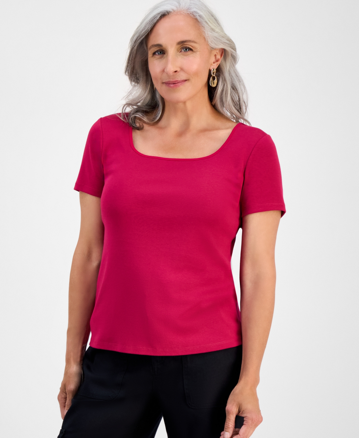 Style & Co Petite Cotton Square-neck Short-sleeve T-shirt, Exclusively At Macy's In Purple