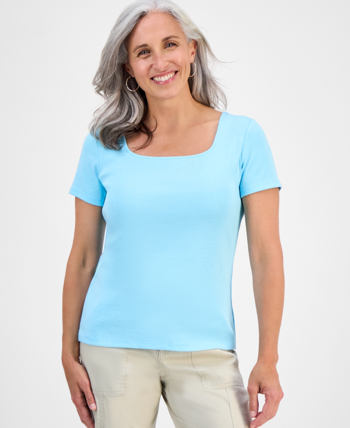 Style & Co Petite Cotton Square-neck Short-sleeve T-shirt, Exclusively At Macy's In Blue