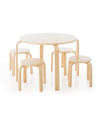 Kids' Nordic Table and Chairs Set - Natural: Wooden Round Classroom and Playroom Toddler Activity Table with 4 Stools