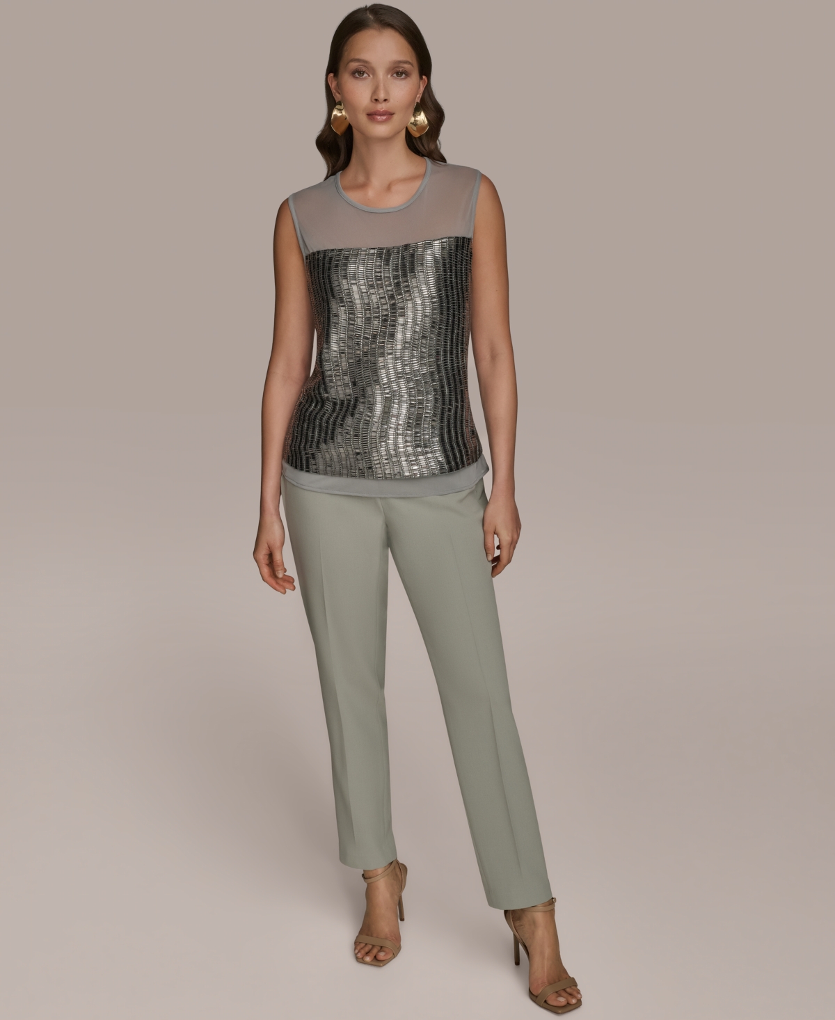 Donna Karan Women's Sleeveless Beaded Mesh Top In Gray