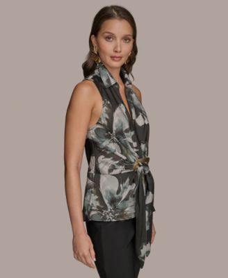 Women's Printed Sleeveless Faux-Wrap Hardware Top