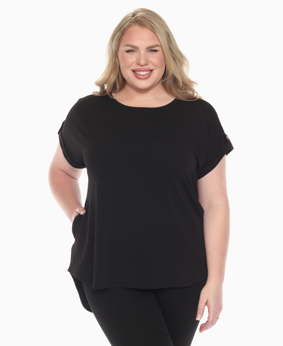 Plus Size Folded Short Sleeve Solid Top - Pink