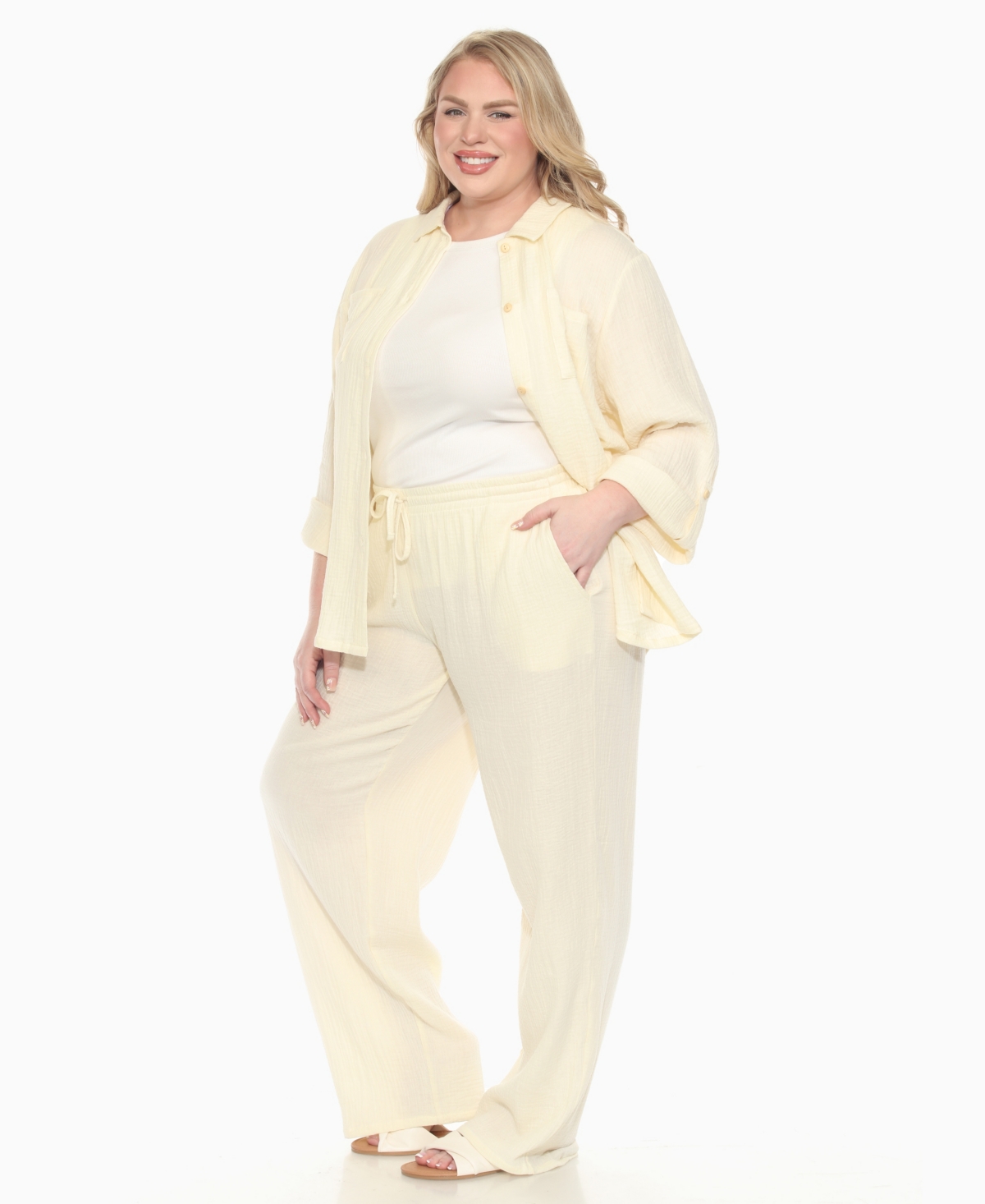 White Mark Plus Size Long Sleeve Button Down Cotton Gauze Set In White