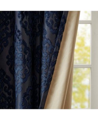 Mirage Knitted Jacquard Damask Total blackout curtains for bedroom, Silver grommet top fit up to 1.25 inches rod Single Curtain Panel for Living Room, Width 50 length 108 inches, Pitch Black Ambiance Navy 1 Window Panel