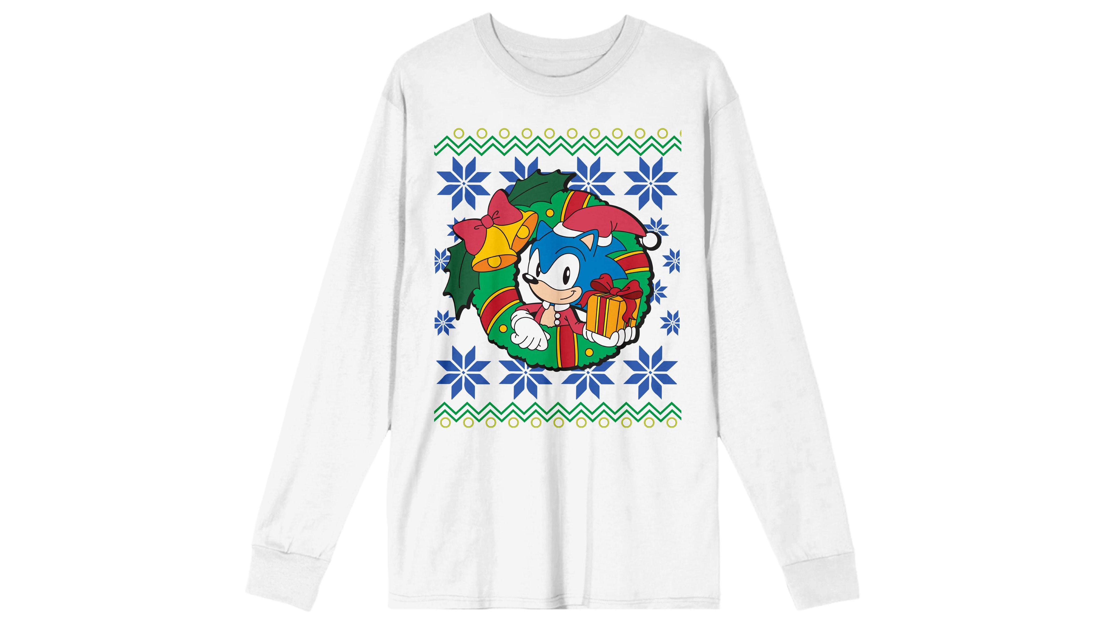 Sonic the Hedgehog Men's Classic Graphic Christmas Wreath Crew Neck Long Sleeve T-Shirt
