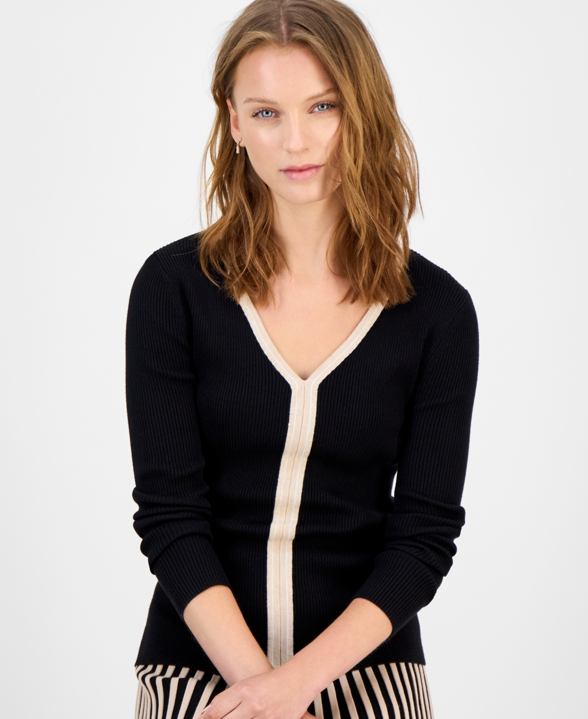 T Tahari Long Sleeve V Neck Striped Ribbed Sweater In Black