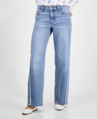 Juniors' Mid-Rise Lace-Seamed Baggy Jeans