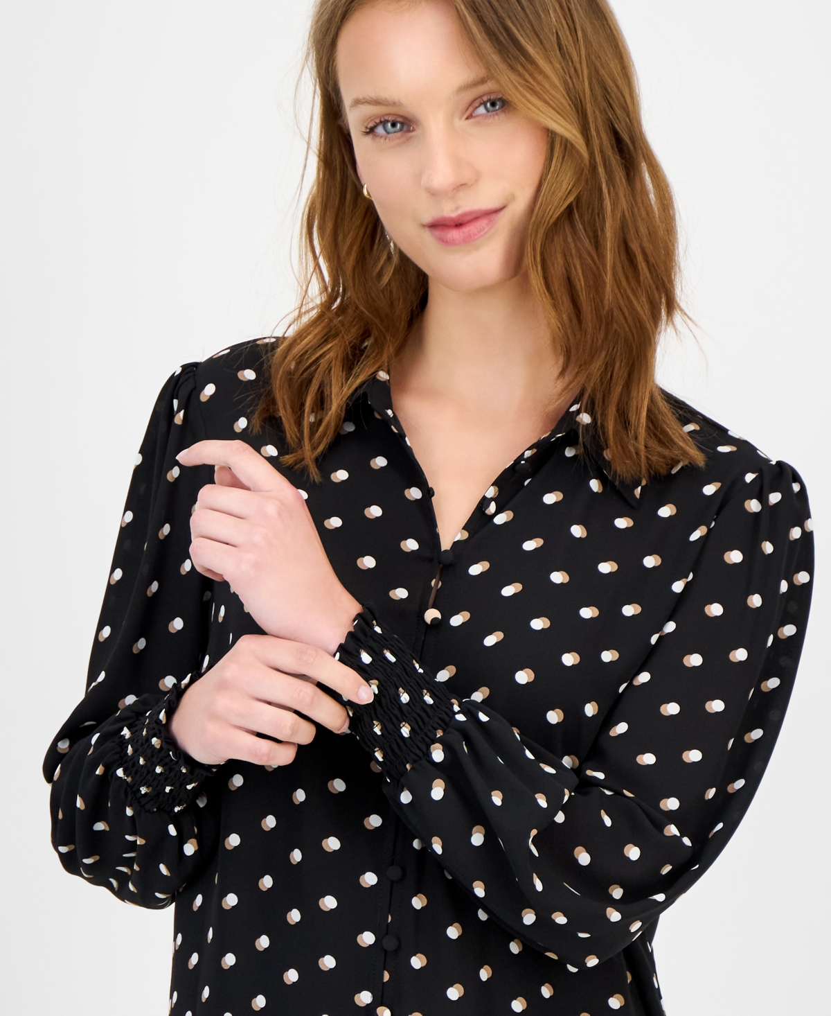 T Tahari Women's Dot-Print Button-Front Blouse