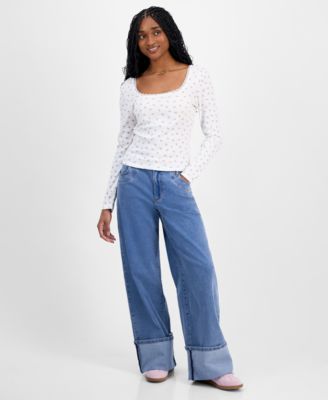 Madden Girl - Juniors' High-Rise Cuffed Bow-Embroidery Jeans