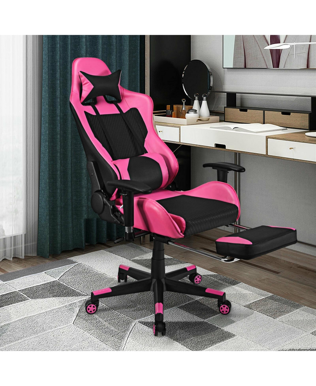 Gouun Pu Leather Gaming Chair with Usb Massage Lumbar Pillow and Footrest