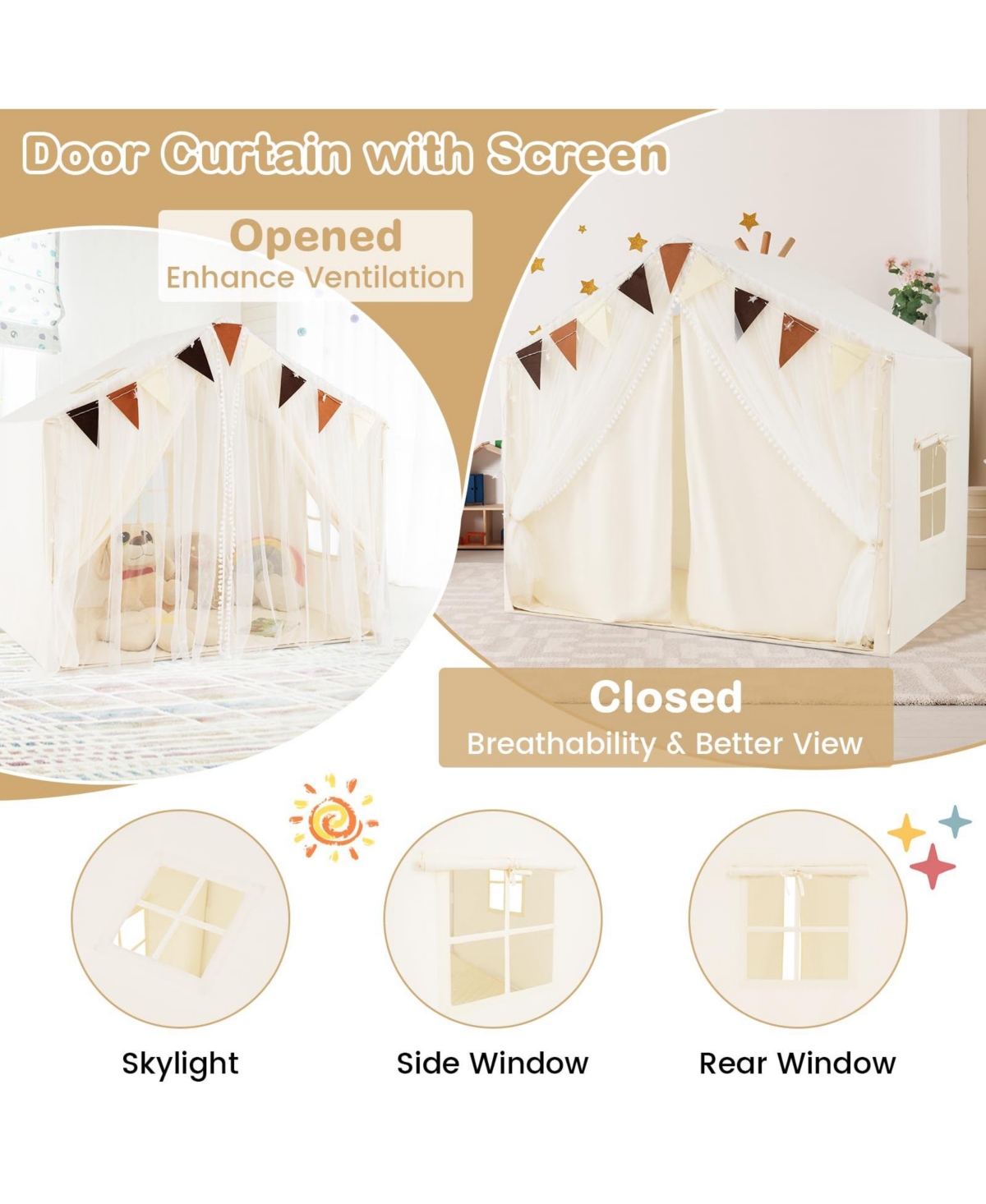 Large Toddler Playhouse Tent with Door Curtains Windows