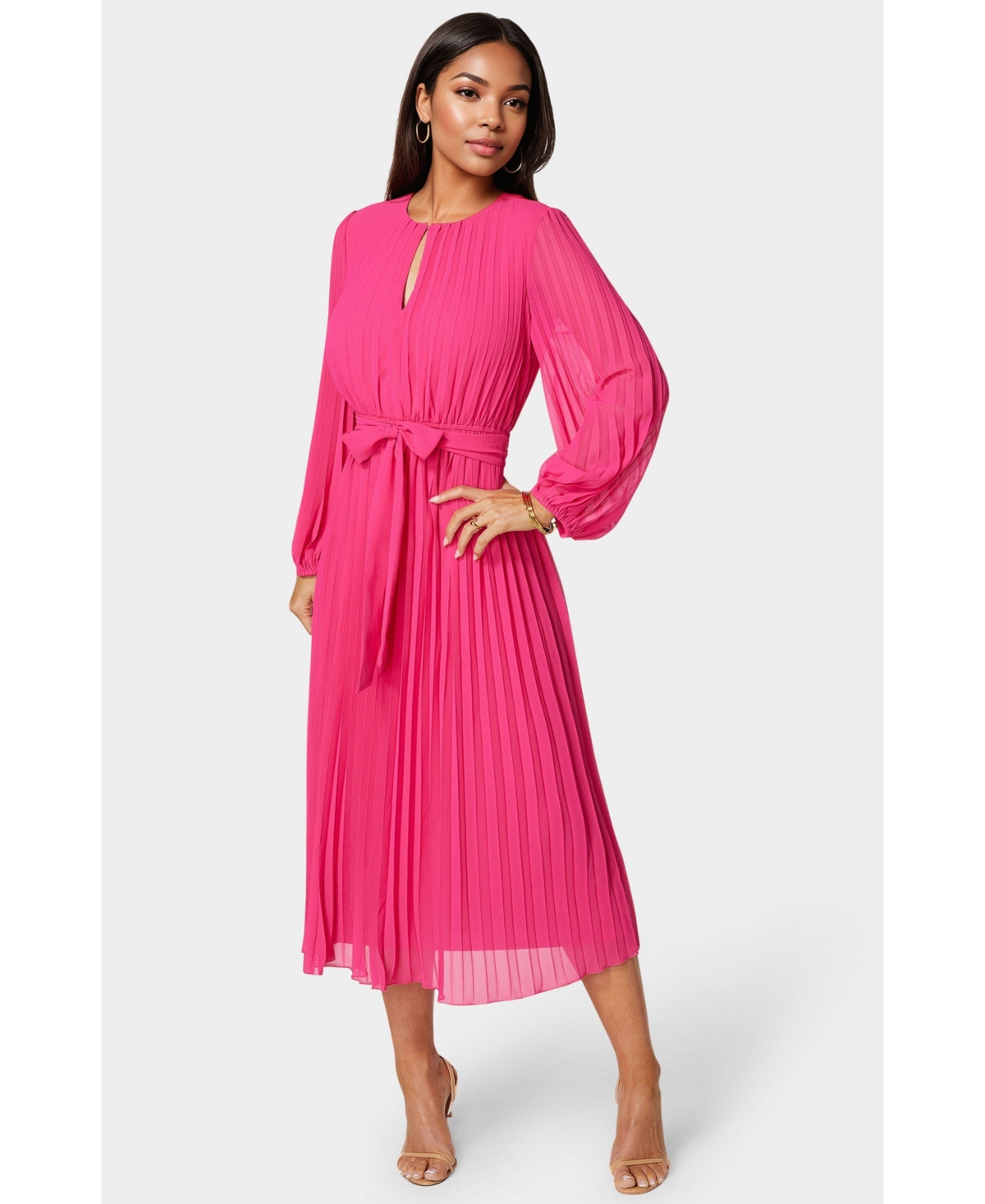 Women's Pleated Gown with Long Sleeves - Yellow