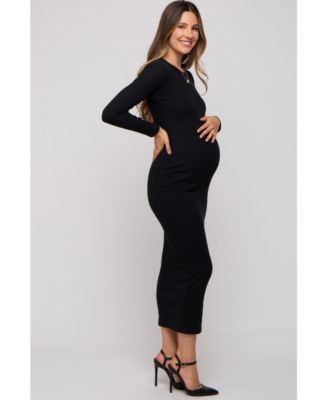 Maternity Charcoal Ribbed Fitted Long Sleeve Midi Dress