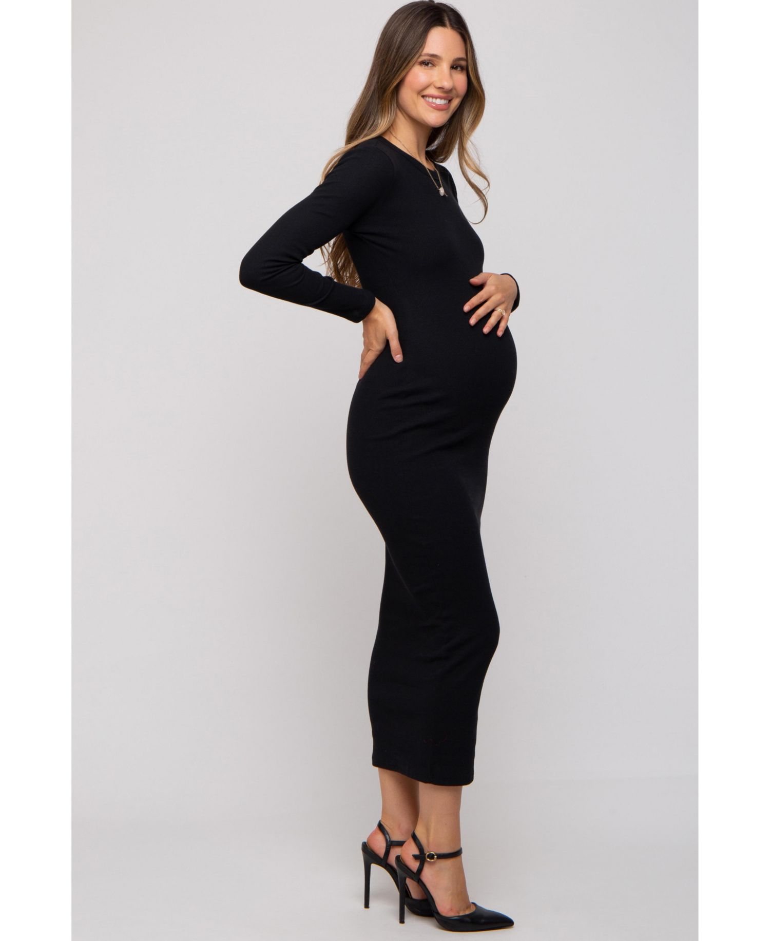 Women's Charcoal Ribbed Fitted Long Sleeve Midi Dress
