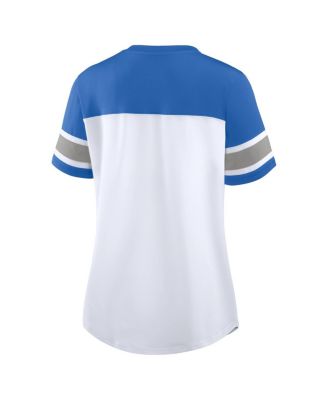Women's White/Blue Detroit Lions Athena Rhinestone Lace-Up V-Neck T-Shirt