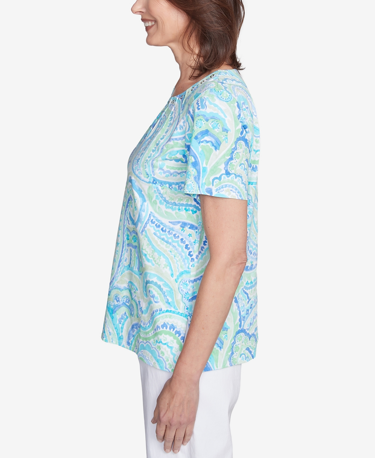 Alfred Dunner Petite Pleated Crew Neck Paisley Top In Blue