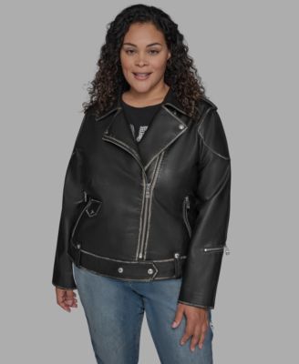 KARL LAGERFELD PARIS - Plus Size Asymmetric Faux-Leather Belted Moto Coat
