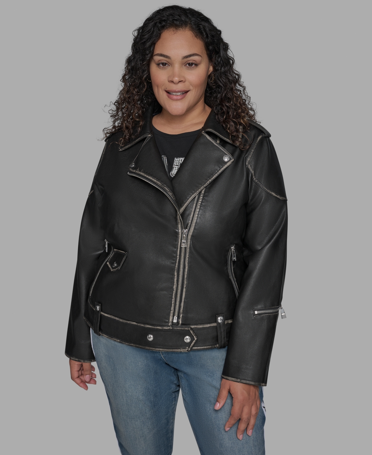 Karl Lagerfeld Paris Plus Size Asymmetric Faux-Leather Belted Moto Coat