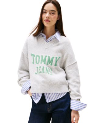 Tommy Jeans - Women's Varsity V-Neck Long-Sleeve Logo Sweater