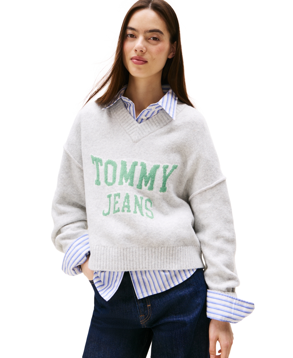 Tommy Jeans Women's Varsity V-neck Long-sleeve Logo Sweater In Gray