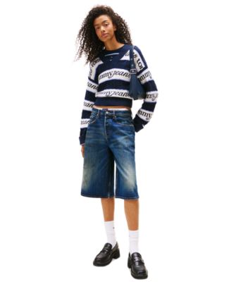 Women's V-Neck Stripe Logo Cotton Sweater