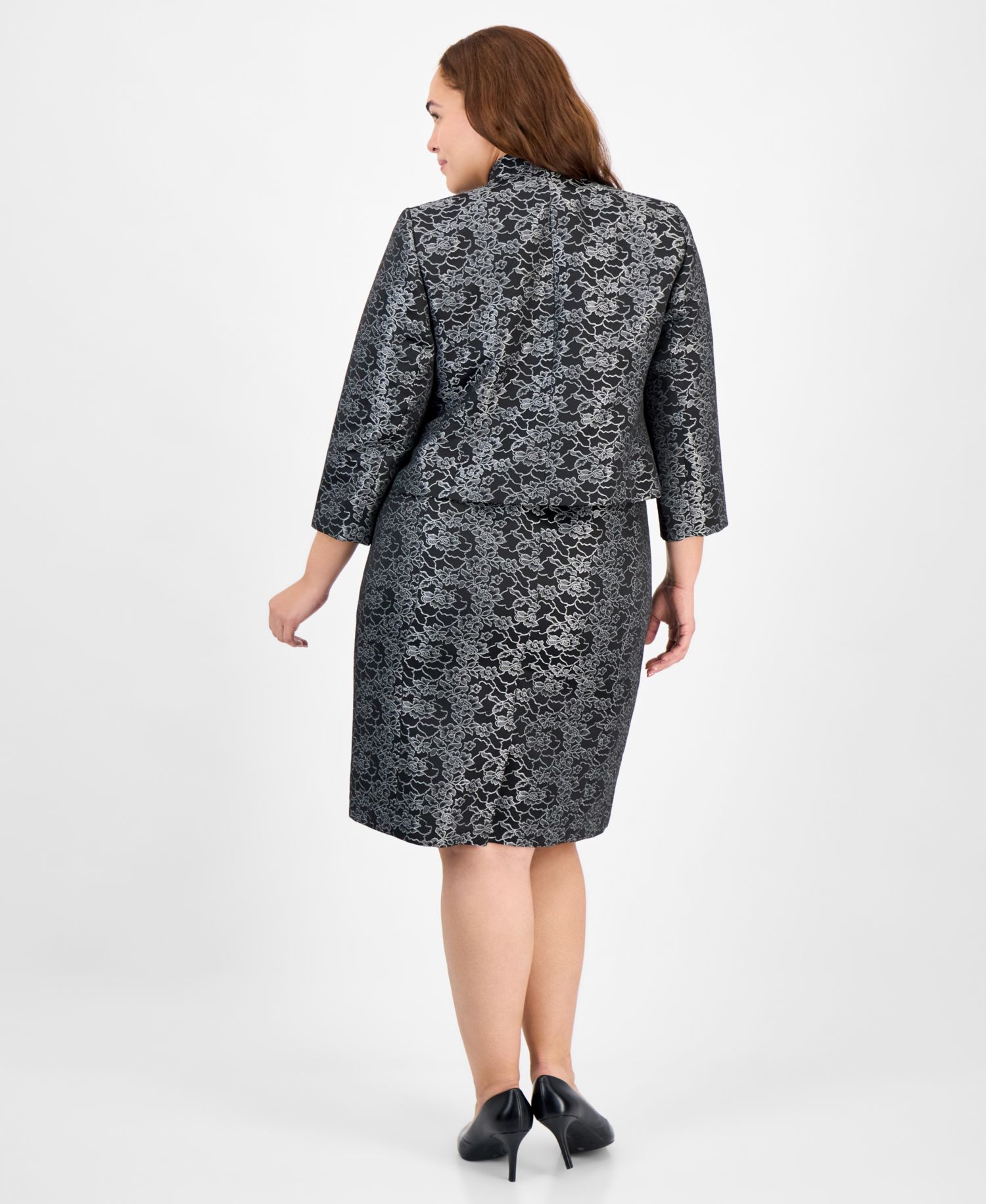 Plus Size Floral Jacquard Sleeveless Sheath 2 Piece Dress Suit