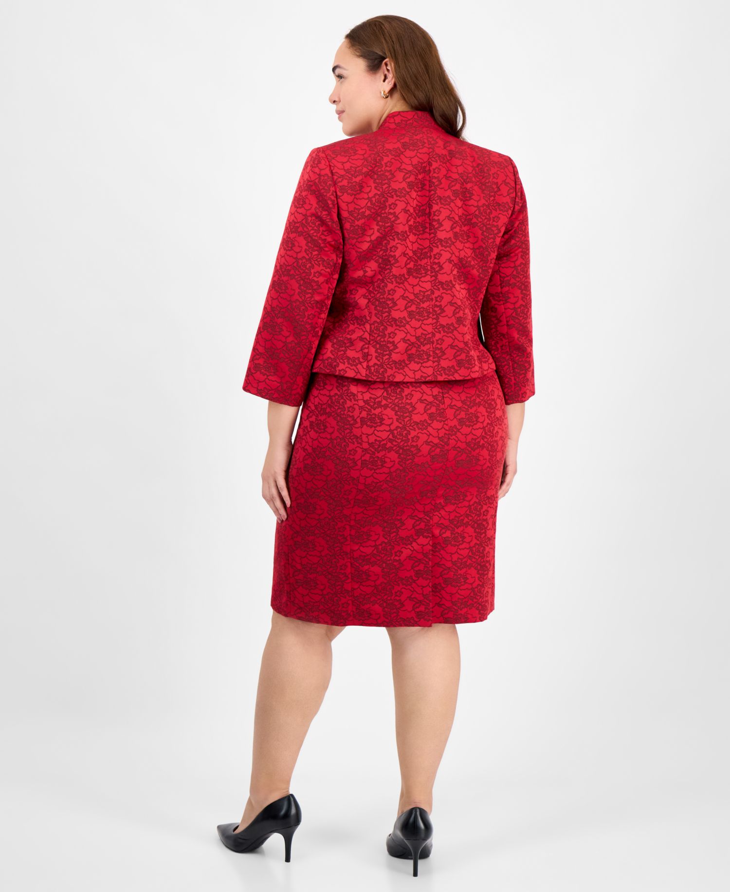 Plus Size Floral Jacquard Sleeveless Sheath 2 Piece Dress Suit