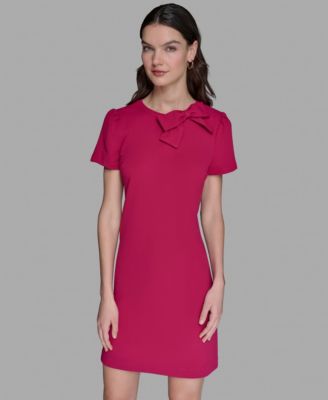 Women's Scuba Crepe Short Sleeve Bow Detail A-line Dress