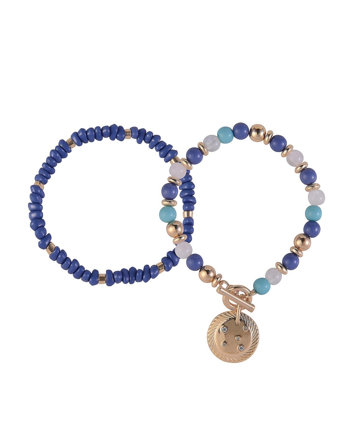 Gold Tone and Blue Beaded 2pc Bracelet Set - Blue