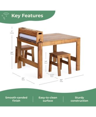 Acadia Outdoor Art Table and Stool Set: Acacia Wood Arts & Crafts Table w/ Storage Paper Roll & Paint Cups Multi Purpose Kids Picnic Table