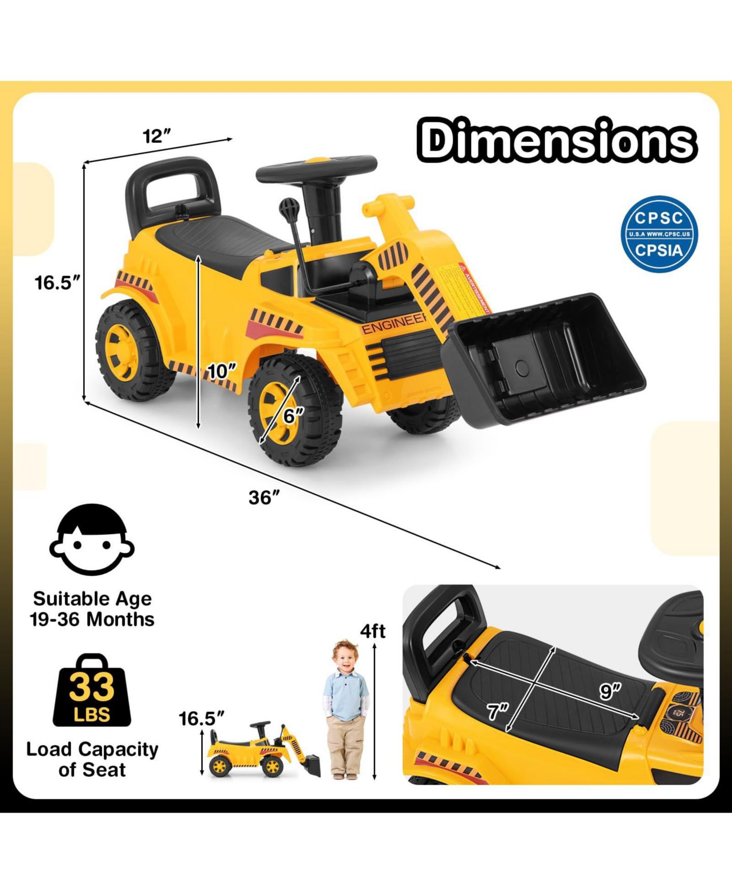 Детская игрушка Mecale Ride on Bulldozer Excavator Digger Toy with Adjustable Bucket, цвет: Жёлтый — фото 3