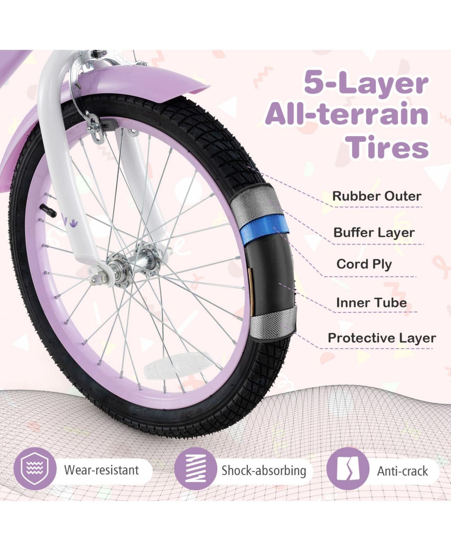 Детская игрушка Mecale 18 Inch Girl Bike with Basket with Detachable Training Wheels for 4-8 Years Old, цвет: Фиолетовый — фото 6