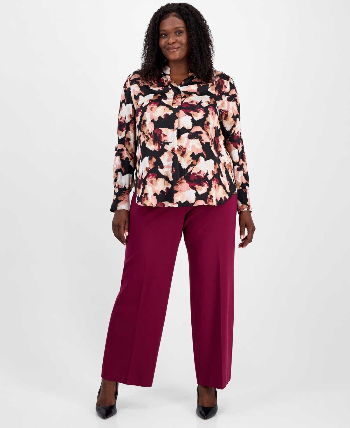 Anne Klein Plus Size Printed V-neck Pleat-front Blouse In Multi