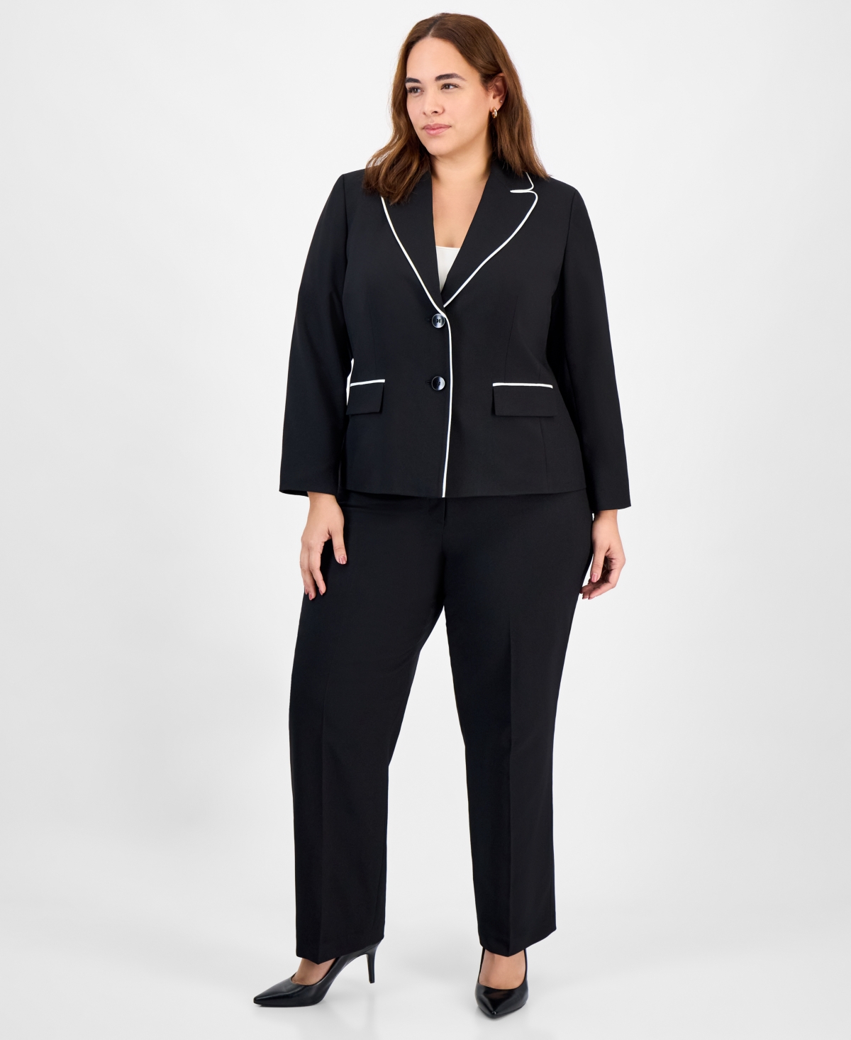 Le Suit Plus Size Piping-trim Peak-lapel Pantsuit Set In Black