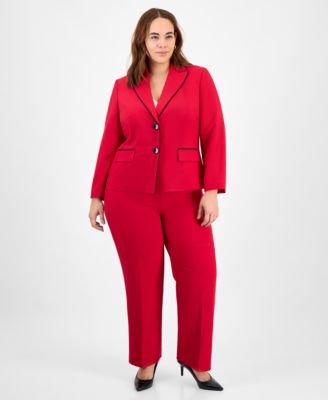 Plus Size Piping-Trim Peak-Lapel Pantsuit Set