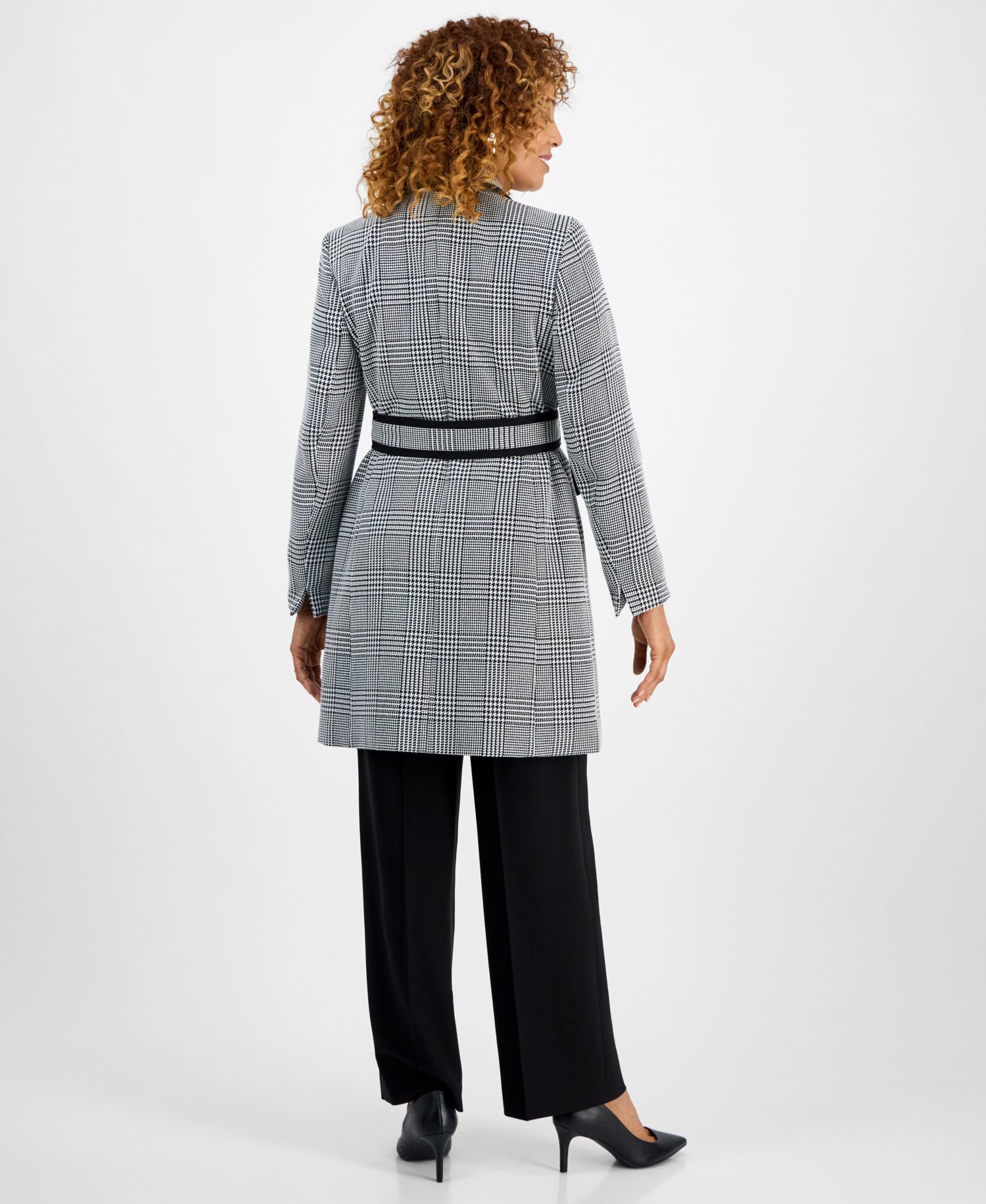 Women's Framed Plaid Belted Wide-Leg 2 Piece Pantsuit, Regular & Petite