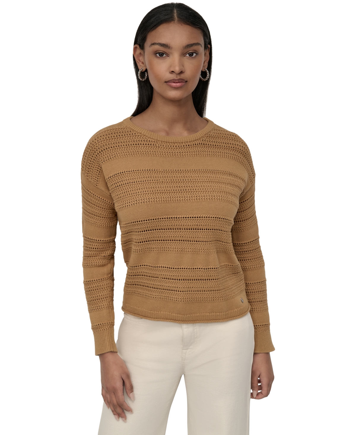 Petite Crewneck Open-Stitch Cotton Sweater - Ivory